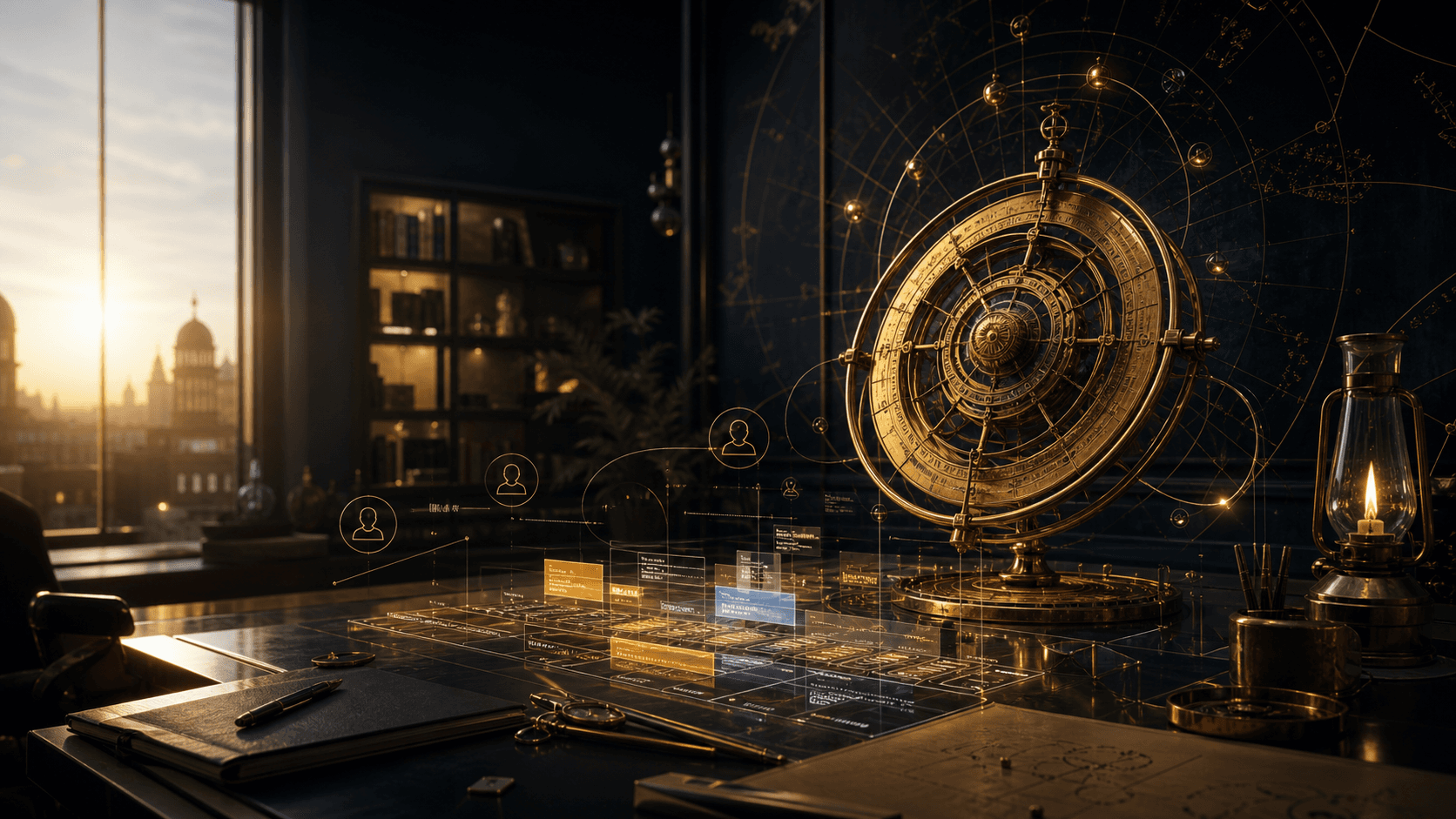 Brass timing instrument and calendar intelligence in a premium founder workspace