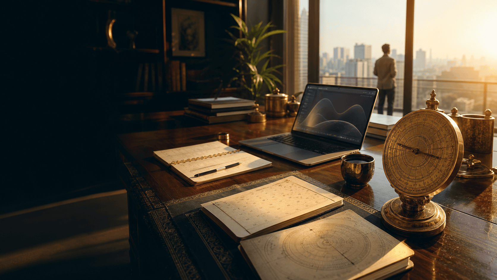 Premium founder workspace with a laptop, calendar notes, and a brass timing dial